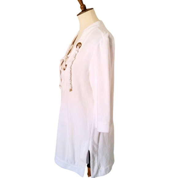 Lace Up Tunic Top Gold Accent White Half Sleeve Lightweight Cover‎ Up - Picture 3 of 5
